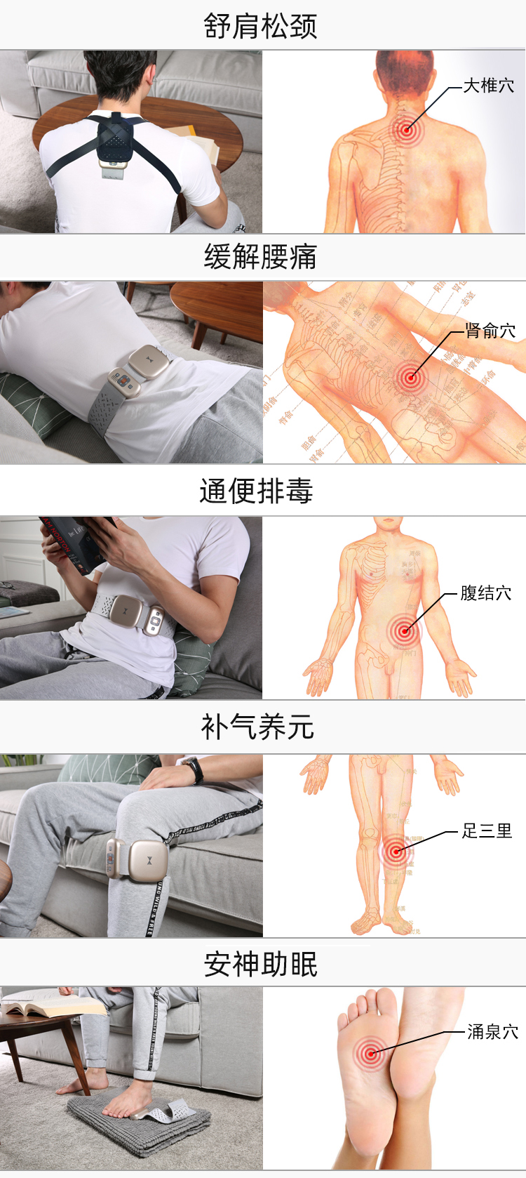 舒肩松頸、緩解腰痛、通便排毒、補(bǔ)氣養(yǎng)元、安神助眠